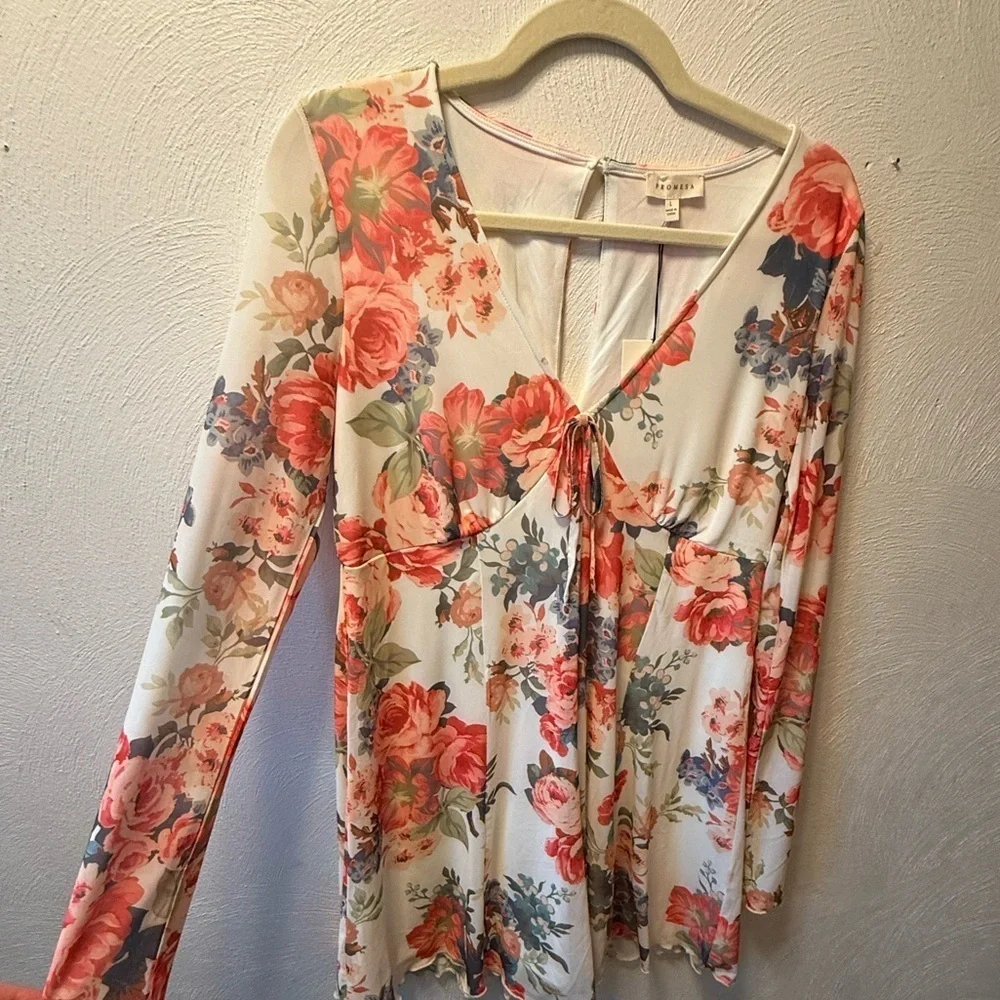 NWT Promesa Floral Long Sleeve Wide-Leg Romper Babydoll Dress Look SZ L NEW